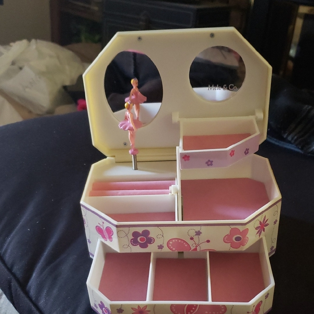 Charming Floral Jewelry Organizer with Mirror.  Music and dancing ballerina.